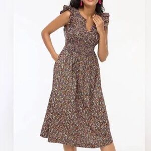 J. Crew Smocked Flutter Sleeve Cotton Floral Midi Sun Dress Medium w pockets